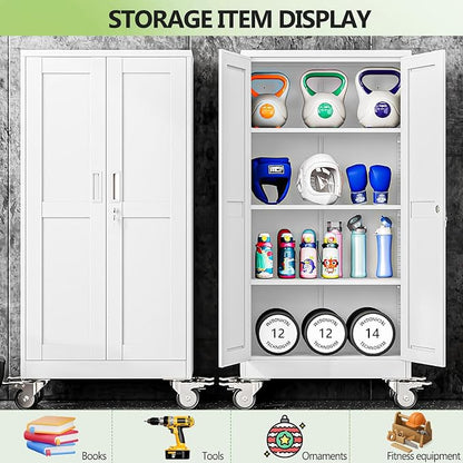 Metal Garage Storage Cabinet, 75”Tall Rolling Utility Cabinet White | storage system with Wheels, Lock, 5 Adjustable Shelves, Heavy Duty Steel Tool Locker for Home Office, Utility Room, Gym