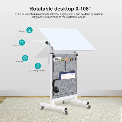 KOUPA Adjustable Height Standing Desk, 24 in Writable Tempered Glass Desktop with Eraser, 360° Flip, Wheels and Bag– Ideal for Small Spaces and Home Offices, White(Adjustable Height: 32-47 in)