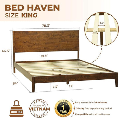 Acacia Haven King Size Bed Frame and Headboard, King Size Platform Bed Frame Scandinavian Wood Bed Compatible with All Mattress Types, 800 lbs Capacity Wood Slats Support, Walnut.
