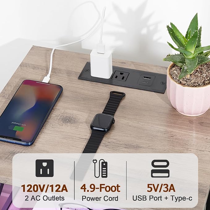 AMHANCIBLE Nightstands Set of 2 with Charging Station, LED Night Stand with 2 Storage Drawers, End Tables with USB Ports and Outlets, Modern Bedside Tables for Bedroom, Grey, HET052LGY