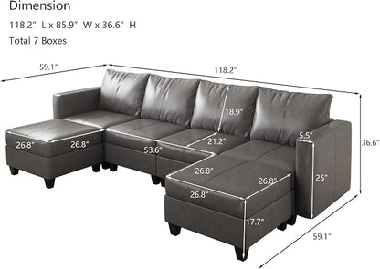 EASE MOOSE Modular Sectional Sofa with Storage, Faux Leather Sectional, Leather Couches for Living Room,Grey