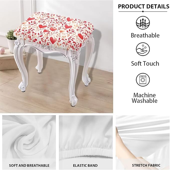 Valentines Day Bar Stool Covers Rectangle Hearts Leaves Bar Stool Seat Covers Rectangle 2 Pack Stretch Washable Vanity Chair Cover for Holiday Party Decor with Elastic Bands