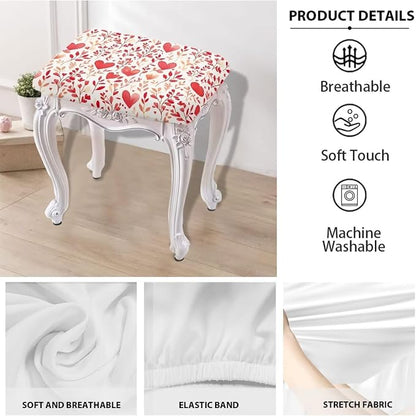 Valentines Day Bar Stool Covers Rectangle Hearts Leaves Bar Stool Seat Covers Rectangle 2 Pack Stretch Washable Vanity Chair Cover for Holiday Party Decor with Elastic Bands