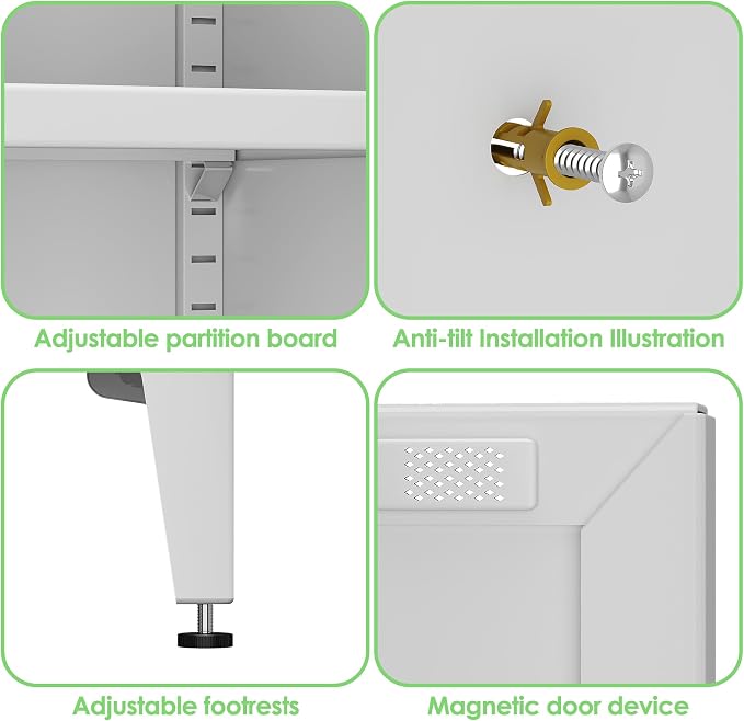 63.6" White Metal Pantry Storage Cabinet, Farmhouse Kitchen Cupboard with 3 Adjustable Shelves, Magnetic Closure, Anti-Tip Kit & Raised Legs for Kitchen, Living Room, Assembly Required
