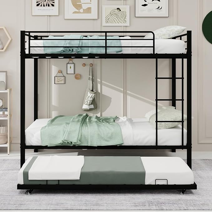Metal Bunk Bed with Trundle, Space-Saving Bunk Bed Full Over Full with Ladders and Safety Guardrail, Heavy Duty Full Bed Frames, No Box Spring Needed and Noise Free(Black)