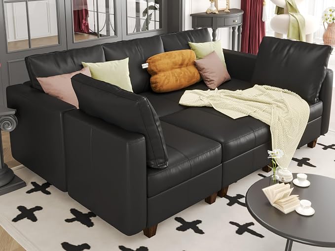 EASE MOOSE Faux Leather Modular Sleeper Couch Sectional Sofa Bed with Storage,Convertible Faux Leather Sectional Sofa,Black