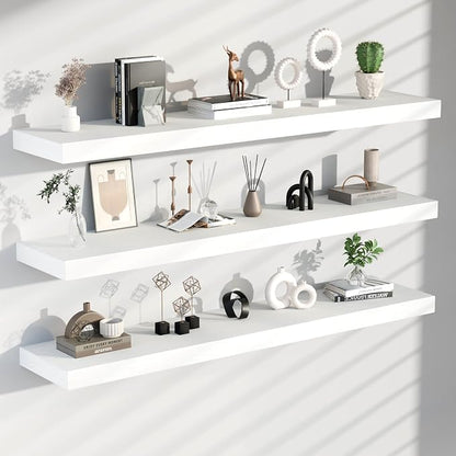 Floating Shelves for Wall, 60 Inch Extra Long White Wall Shelves, Set of 3, Hanging Invisible Brackets Floating Shelves for Living Room,Bedroom,and Kitchen