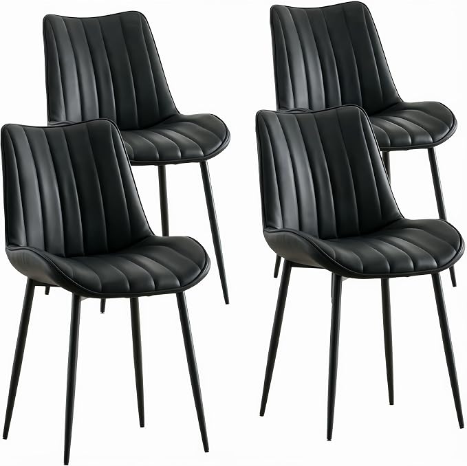 VECELO Dining Chairs Set of 4, Vegan Leather Fabric & Metal Frame, Mordern Style for Kitchen, Living Room,Offcie, Black