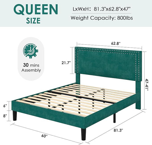 VECELO Queen Size Platform Bed Frame with Height Adjustable Upholstered Headboard, Modern Mattress Foundation,Strong Wood Slat Support, No Box Spring Needed, Easy Assembly,Dark Green