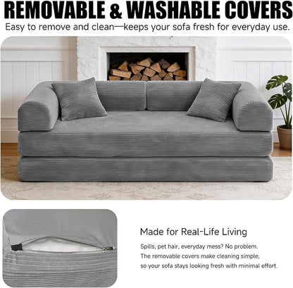 78.8" Memory Foam Boneless Couch, Corduroy Floor Sofa Bed, Convertible Sleeper Futon Loveseat, Wide Armrests & Back Support, Supports Up to 1200 lbs, Couch in a Box with 2 Pillows, Light Grey