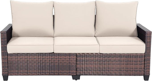EortheX 3-Seat Rattan Wicker Outdoor Patio Sofa Garden Deck Porch, Beige | Weather-resistant PE rattan, quick-dry anti-slip cushions, for garden/deck/porch, rust-resistant frame, easy assembly