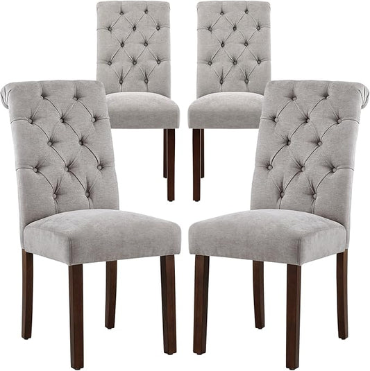 COLAMY Button Tufted Dining Chairs Set of 4, Parsons Upholstered Fabric Dining Room Chairs Kitchen Chairs with Wood Legs and Padded Seat, Light Grey