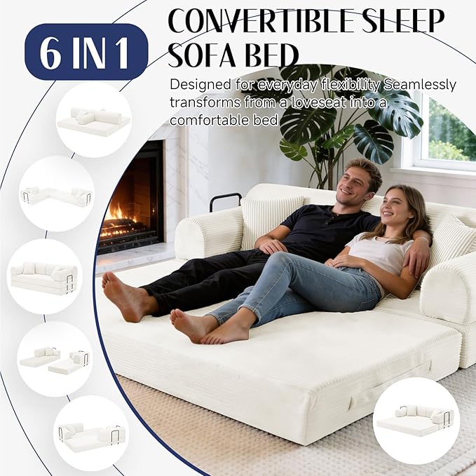 79'' Convertible Sofa Bed, 6 in 1 Folding Floor Futon Couch Sleeper with Fixed Frame, Corduroy Modular Sofa Bed with Removable Armrests & Pillows, No Assembly for Living Room Bedroom (Beige White)