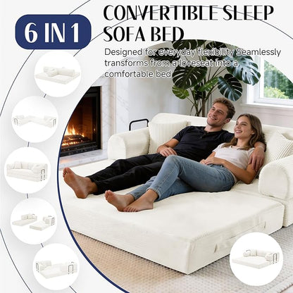 79'' Convertible Sofa Bed, 6 in 1 Folding Floor Futon Couch Sleeper with Fixed Frame, Corduroy Modular Sofa Bed with Removable Armrests & Pillows, No Assembly for Living Room Bedroom (Beige White)