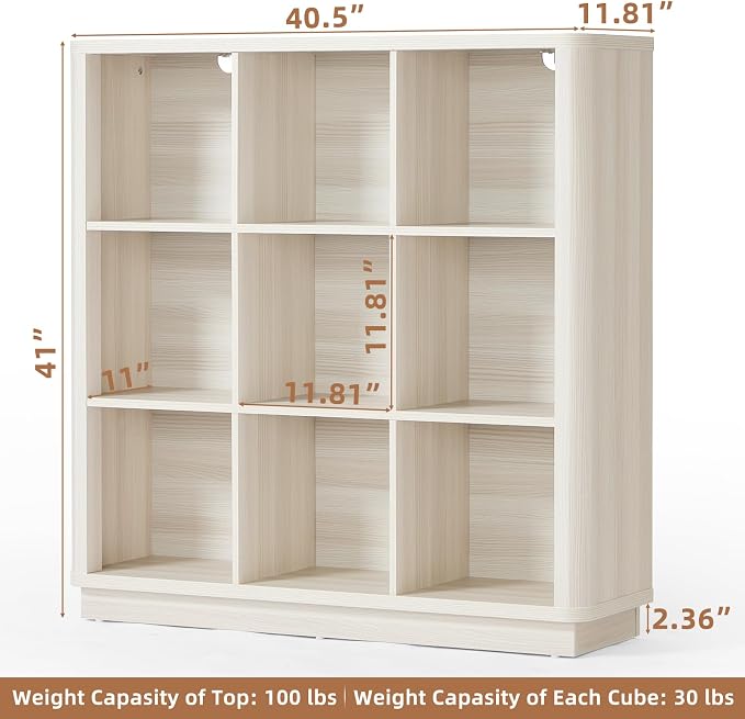 9 Cube Storage Book Shelf, 41" Tall Organizer Bookcase with Curved Edge, Wood Floor Standing 3-Tier Cubby Bookshelf with Base, Vintage Display Book Case for Bedroom,Office,White-Grey Cream Oak