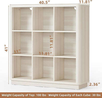 9 Cube Storage Book Shelf, 41" Tall Organizer Bookcase with Curved Edge, Wood Floor Standing 3-Tier Cubby Bookshelf with Base, Vintage Display Book Case for Bedroom,Office,White-Grey Cream Oak