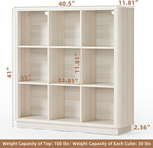 9 Cube Storage Book Shelf, 41" Tall Organizer Bookcase with Curved Edge, Wood Floor Standing 3-Tier Cubby Bookshelf with Base, Vintage Display Book Case for Bedroom,Office,White-Grey Cream Oak