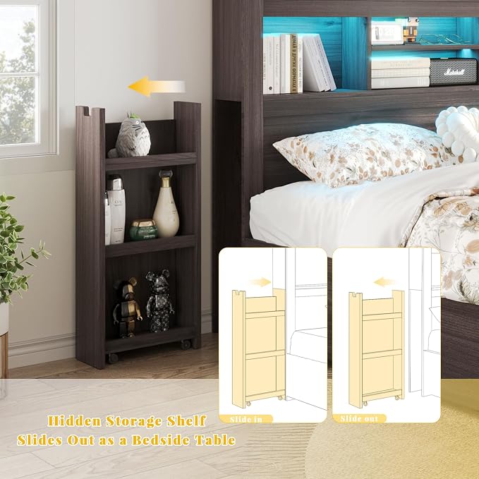 LUXOAK Full Bed Frame with 49.6" Bookcase Headboard & 2 Bedside Stoage Racks & 4 Drawers, Farmhouse Wood Bed Frame with RGB LED & Charging Station, No Box Spring Needed, Black
