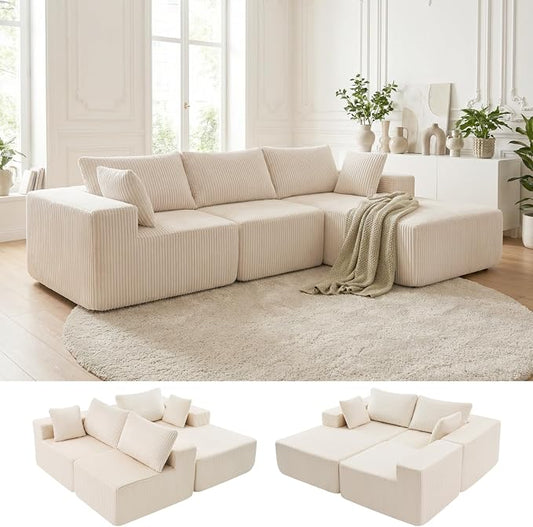 DUMOS 108" L-Shaped Sectional Boneless Couch for Living Room, Upholstered Corduroy Sofa with Deep Seat for Small Apartment, Bedroom, No Assembly in a Box, Right Facing Chaise, Beige
