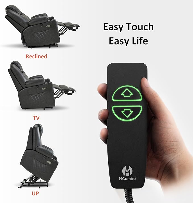 MCombo Large Power Lift Recliner Chair for Elderly, Lift Chair with Heat and Massage for Tall People, Extended Footrest, USB & Type C Ports, Cup Holders, Faux Leather 7516 (Large, Grey)