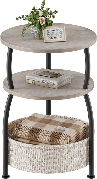 Round Side Table with Storage Basket, End Table Living Room, Greige | Round End Table, Small Bedside Table for Bedroom, 3 Tiers, Sofa Couch Side Table, Linen Storage, Greige 15.75in