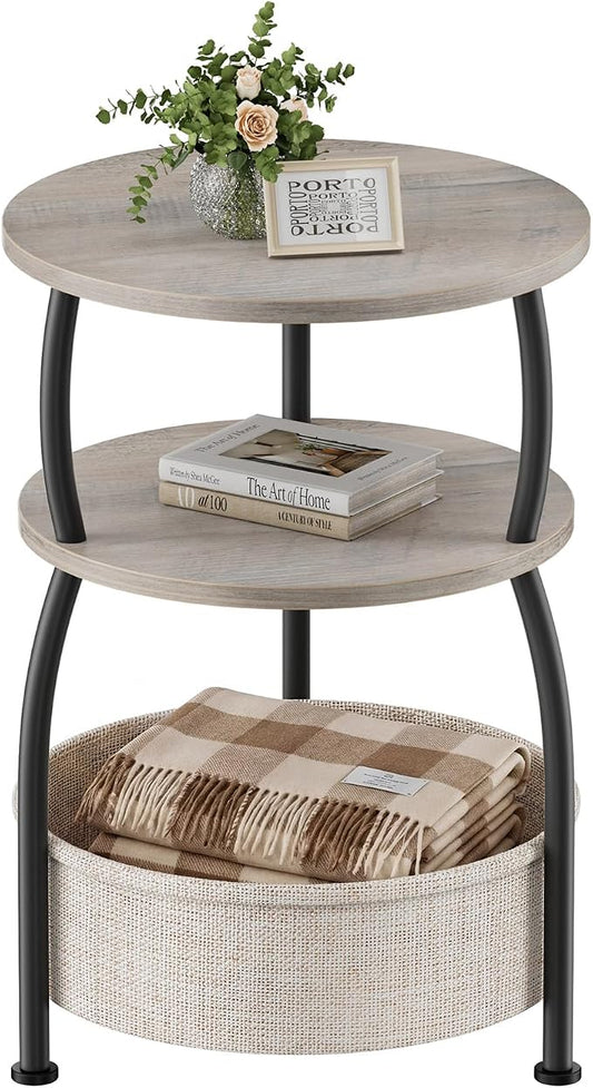 Round Side Table with Storage Basket, End Table Living Room, Greige | Round End Table, Small Bedside Table for Bedroom, 3 Tiers, Sofa Couch Side Table, Linen Storage, Greige 15.75in