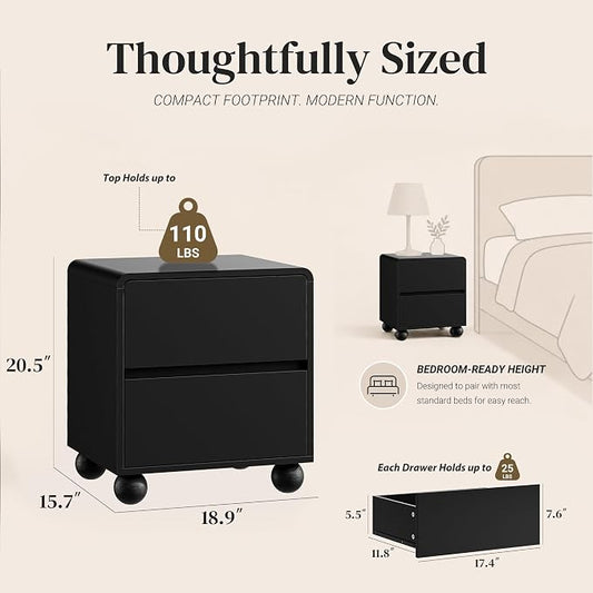 Furniway Black Nightstand Set of 2, Modern 2 Drawer Bedside Table with Curved Profile Design and Handle-Free Drawers, Modern End Table with Storage for Bedroom