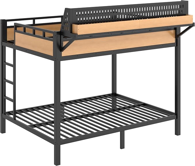 Bellemave Bunk Bed Queen Over Queen，Metal Bunk beds with Storage Shelves USB Ports and LED Lights, Natural