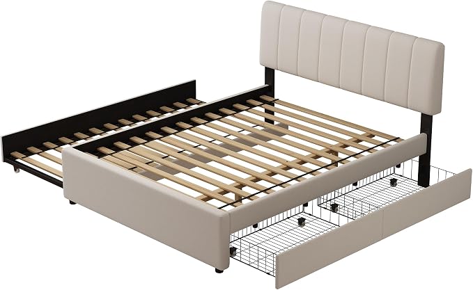 Full Size Upholstered Platform Bed w/Trundle Bed & 2 Storage Drawers | Twin Size Trundle,Two Drawers,LED Lighting Controlled by APP, USB+Type-C Charging Ports, Chenille Upholstered Bed Frame,Beige
