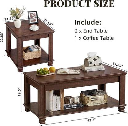SAVOR LIFE Farmhouse Coffee Table Set of 3,Rustic Wooden Living Room Table Set,Large Coffee/End Side Tables with Open Shelf for Living Room,Walnut
