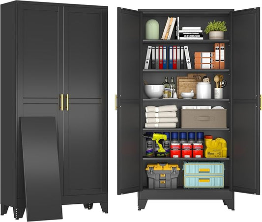 75" Black Tall Metal Storage Cabinet with 2 Doors and 5 Adjustable Shelves,Steel Garage Tool Cabinet, File Cabinet,Kitchen Pantry Cabinet for Home,Office,Garage,School,Warehouse