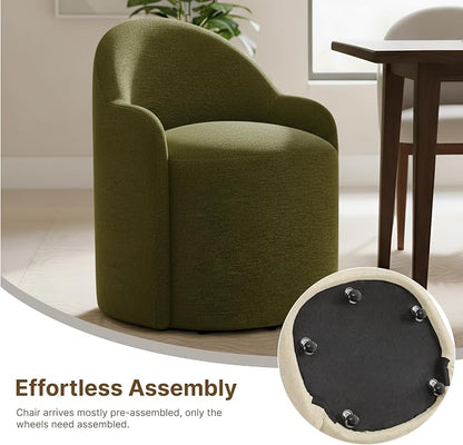 KISLOT Upholstered Dining Chairs with Casters, No Assembly Modern Dining Room Chairs Accent Vanity Chair with 5 Wheels & Round Backrest for Bedroom, Living Room, Dressing, Green Fabric, Set of 4