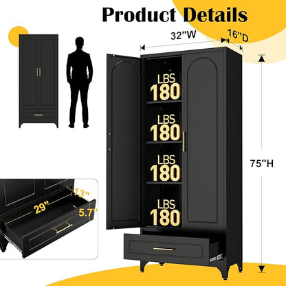SteeLoong Metal Storage Cabinet with Drawers,75Inch Black Pantry Cabinets for Kitchen Storage with 3 Adjustable Shelves,Tall Kitchen Pantry Cabinet for Living Room, Dining Room，Office