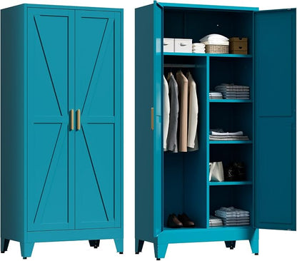 LCAOPC 71" Tall Metal Wardrobe Closet with Adjustable Shelves and Hanging Rod, 2 Doors Office Storage Locker Cabinet for Home, Office, Bedroom, Laundry Room, Blue