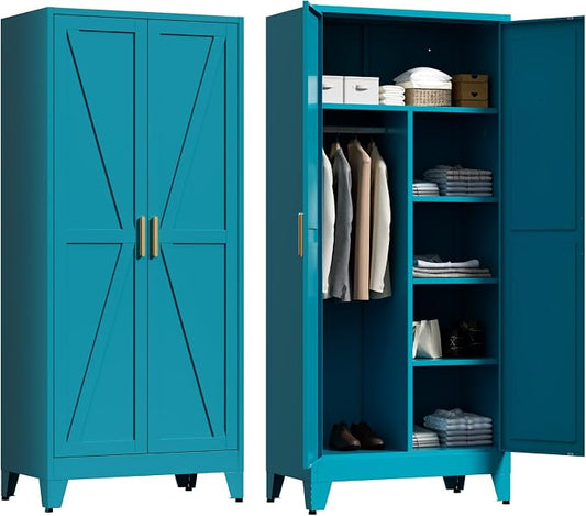 LCAOPC 71" Tall Metal Wardrobe Closet with Adjustable Shelves and Hanging Rod, 2 Doors Office Storage Locker Cabinet for Home, Office, Bedroom, Laundry Room, Blue