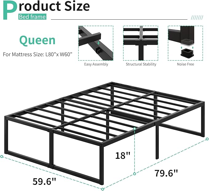 Lutown-Teen 18 Inch Queen Bed Frame with Heavy Duty Steel Slat Support | Metal Queen Size Platform Bed Frame No Box Spring Needed, Easy Assembly, Black