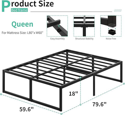 Lutown-Teen 18 Inch Queen Bed Frame with Heavy Duty Steel Slat Support | Metal Queen Size Platform Bed Frame No Box Spring Needed, Easy Assembly, Black