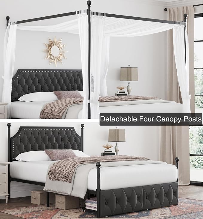 Keyluv Queen Upholstered Canopy Bed Frame with 2 Storage Drawers & Button Tufted Headboard, Metal Platform Bed with 4 Removable Posts, Two-Purpose Velvet Bed, Dark Grey/Curtain Not Included