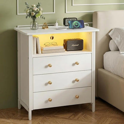 27" LED Nightstand Set 2 with Charging Station & 3 Drawers, White | Solid Wood and Steel Frame, 2 AC Outlets, 2 USB Ports, RGB App Control, Open Storage, Adjustable Feet, for Bedroom or Office