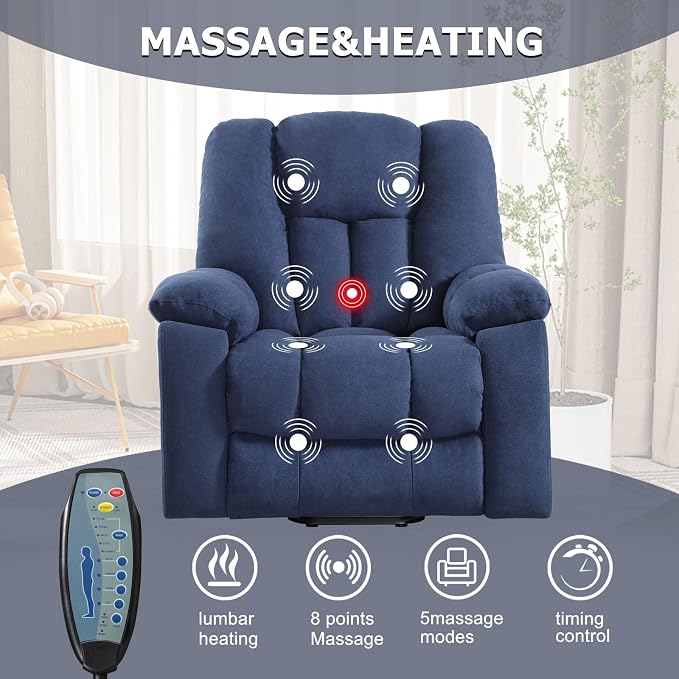 CANMOV Power Lift Recliner Chair with Massage and Heat for Elderly, Overstuffed Wide Recliners, Heavy Duty and Safety Motion Reclining Mechanism with USB Ports, 2 Concealed Cup Holders, Navy Blue