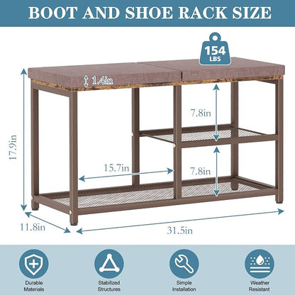 Shoe Rack Bench for Entryway 3-Tier, Free Standing Shoe Racks with Seat Cushion, Narrow Shoe Storage Shelf with Boot Organizer, Shoe Rack for Small Spacesh with Wood Bench (Brown+Brown)