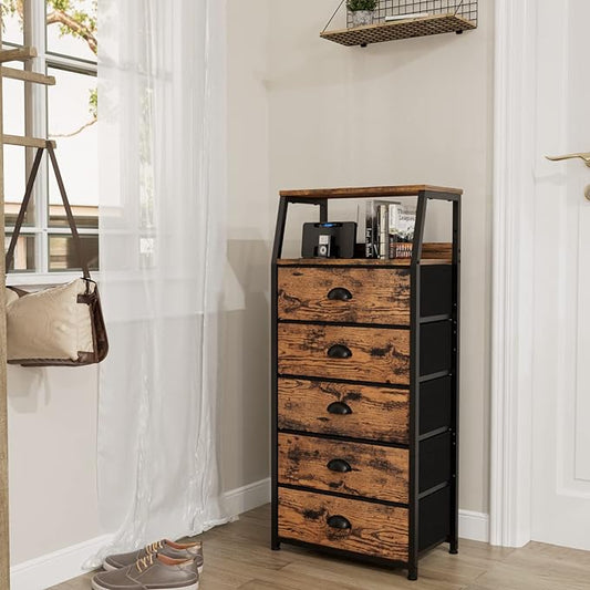 Furnulem Dresser for Bedroom, 5 Drawers Tall Nightstand, Chest of Drawers | Rustic Brown Dresser for Closet, Bedside Table with Fabric Drawer, Metal Frame, Wood Top, Easy Assembly for Dorm, Living Room
