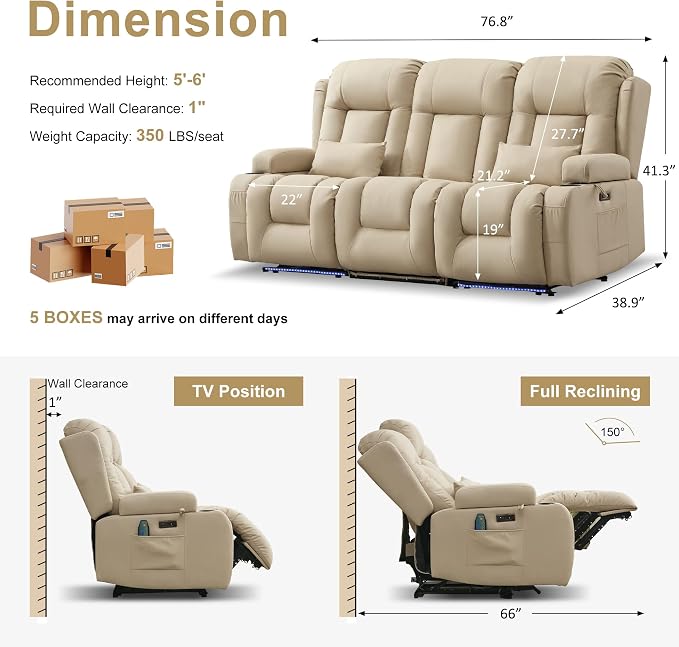 URRED Power Loveseat Recliner Sofa with Massage and Heat, Wall Hugger Reclining Loveseat with Console, RV Couch Home Theater Seating with LED Lights for Living Room (Beige, 76.8" - 3 Seats)