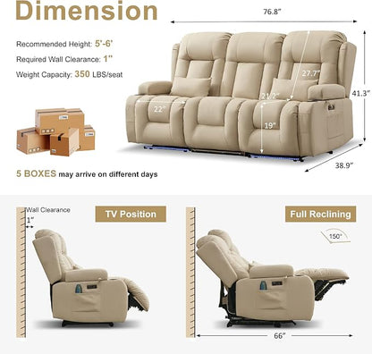 URRED Power Loveseat Recliner Sofa with Massage and Heat, Wall Hugger Reclining Loveseat with Console, RV Couch Home Theater Seating with LED Lights for Living Room (Beige, 76.8" - 3 Seats)