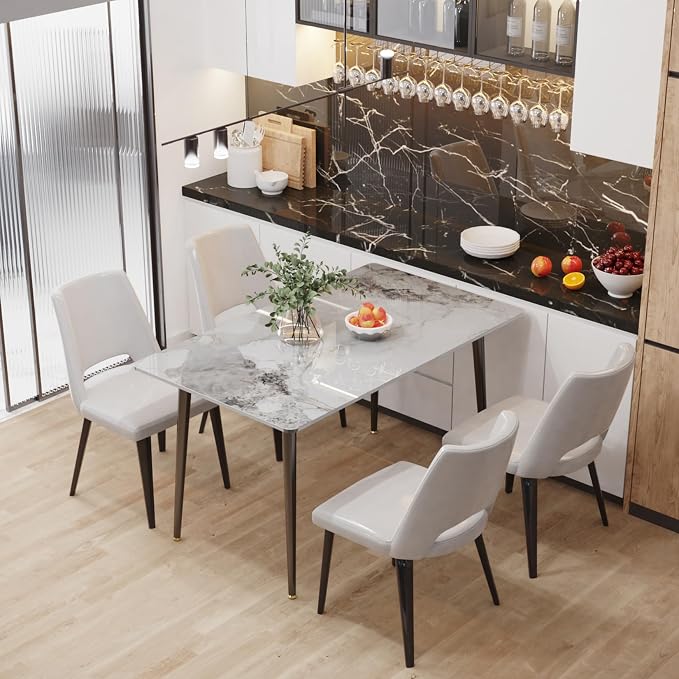 Wisfor Sintered Stone Dining Table: 47.2x27.5 Inch White Kitchen Table with Metal Legs - 6-Seat Breakfast Table for Dining Room, Restaurant (No Chairs)