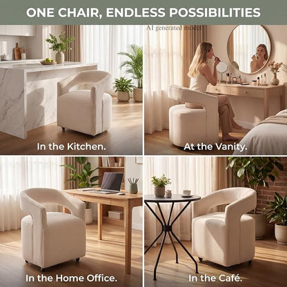 HNY 360° Swivel Upholstered Dining Chairs with Wheels Set of 6 – Soft Linen Fabric, Barrel Back Design, Rolling Kitchen Seating for Living Room, Makeup Vanity, Reception, Beige