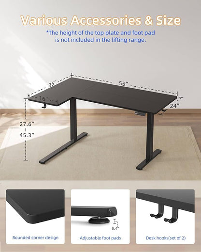 YIHAYO Reversiable L-Shaped Electric Standing Desk, 55 Inches Adjustable Height Corner Desk, Sit and Stand Up for Work Office Home, Computer Table with Splice Board, Black
