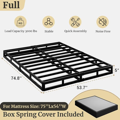 Awesofurni Full Size Box Spring, 5 Inch Low Profile Full Box Spring Only Bed Base, Heavy Duty Metal Frame Mattress Foundation with Fabric Cover, Easy Assembly-Noise Free