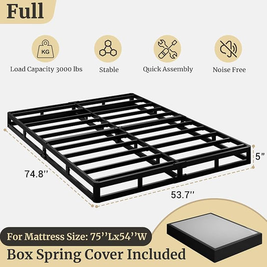 Awesofurni Full Size Box Spring, 5 Inch Low Profile Full Box Spring Only Bed Base, Heavy Duty Metal Frame Mattress Foundation with Fabric Cover, Easy Assembly-Noise Free