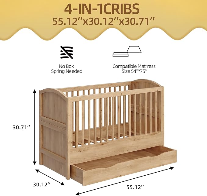 4-in-1 Convertible Crib, Converts to Toddler Bed and Full Bed